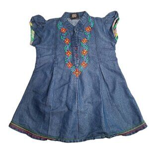 REAL KIDS Chambray Denim Red Floral Embroidered Cap Sleeve Dress